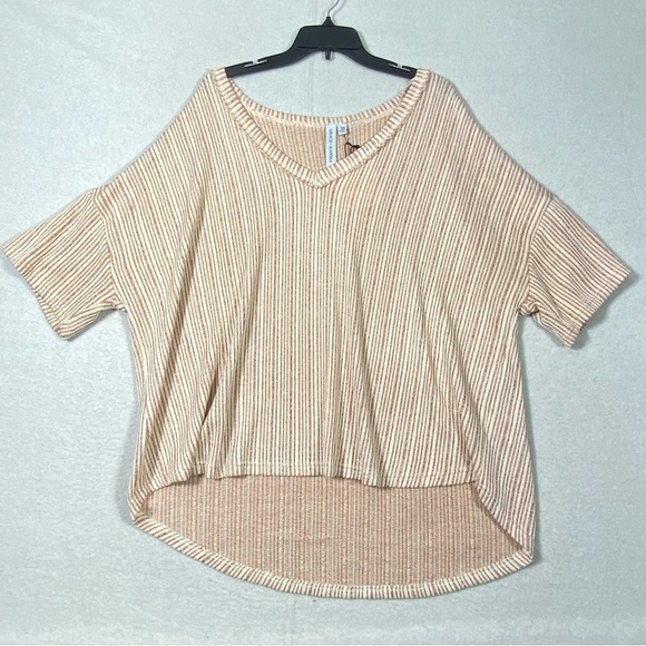 Grace + Karma Tops - Grace + Karma Rib Top Women's 3X Rust Cream Striped V Neck Short Sleeve NWT